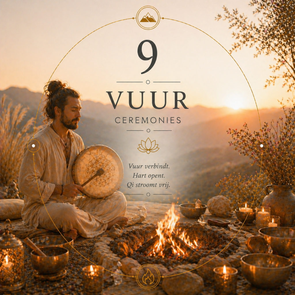 Ceremonie met drum bij vuurcirkel met klankschalen en ritueel voor verbinding en transformatie in Zuidermeer