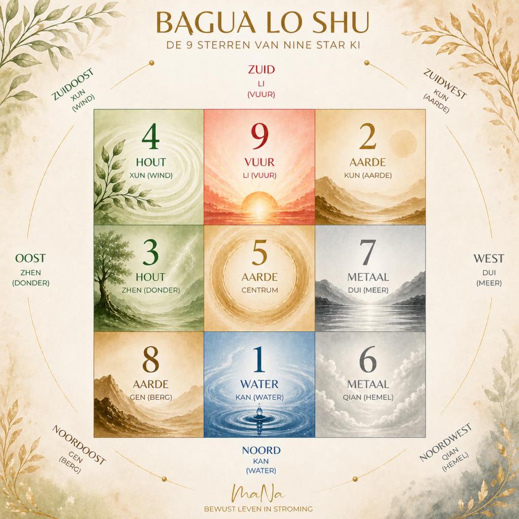 Bagua Lo Shu vierkant met Nine Star Ki elementen en windrichtingen in MaNa Spirits stijl